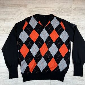 William Lockie Cashmere Black Orange Argyle Sweater St. Andrews Golf Club XL